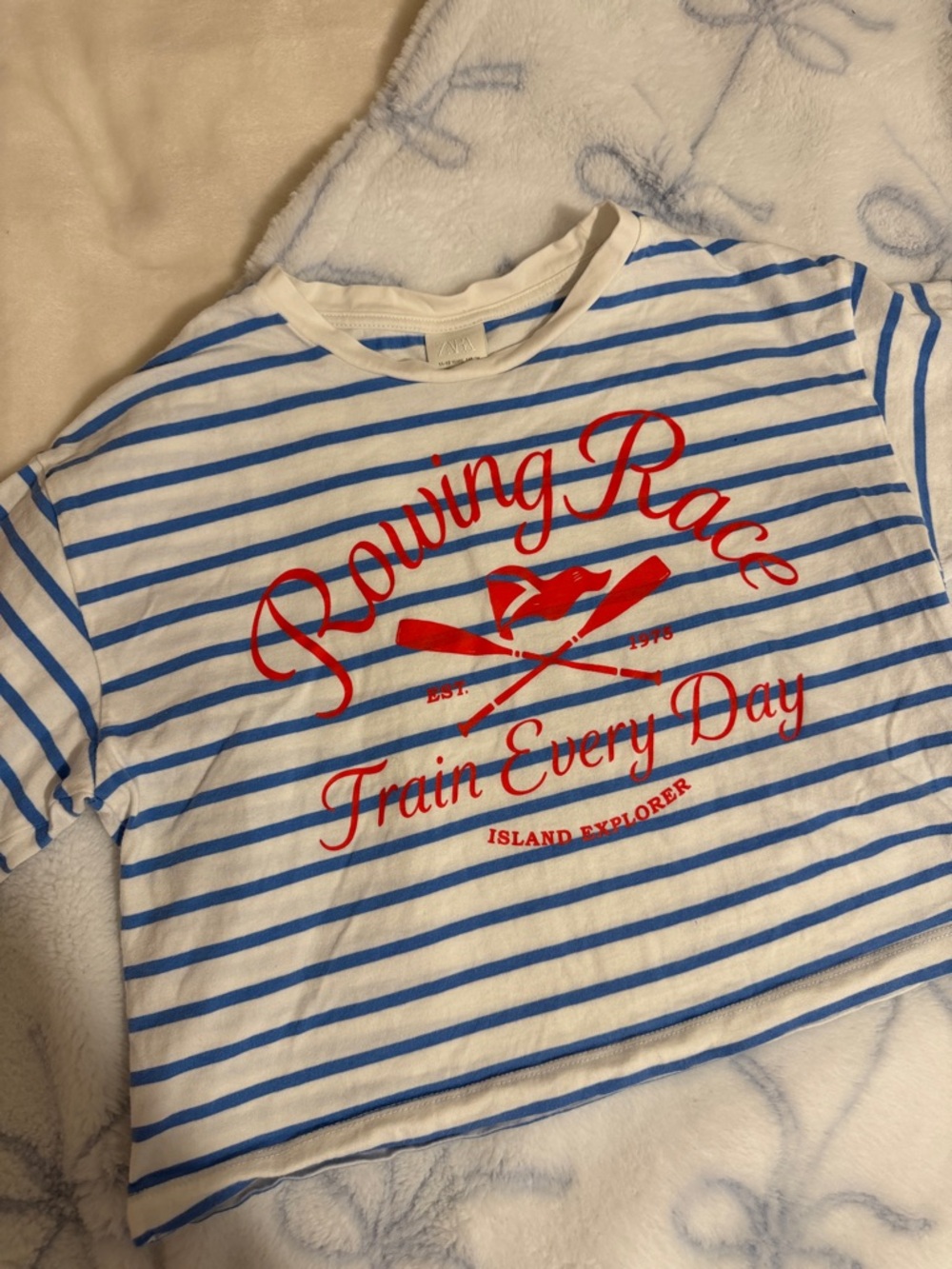 Zara White & Blue Striped 'Rowing Race' Tee with Red Print